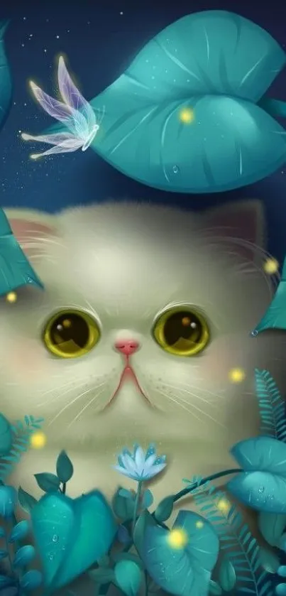 Cute fluffy cat surrounded by glowing teal leaves and stars in fantasy art.