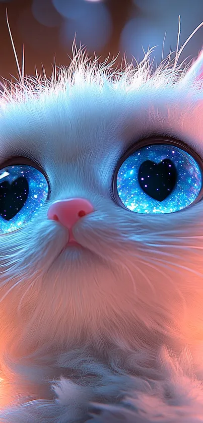 Fantasy cat with large blue sparkling eyes and fluffy white fur.