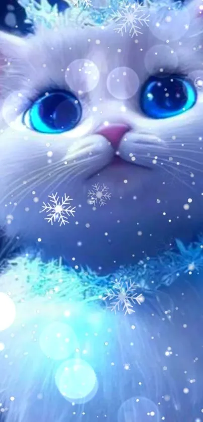 Adorable fantasy white cat with blue eyes, sparkles, and a crown.