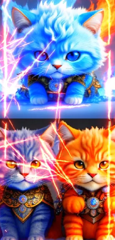 Fantasy cats with fire and ice elements in a vibrant mobile wallpaper.