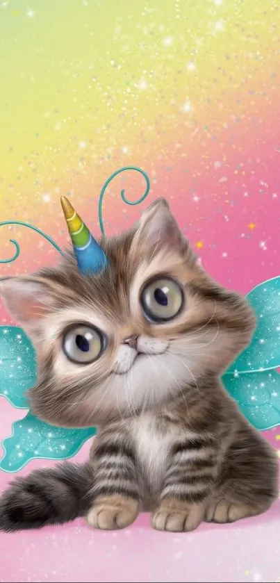 Adorable kitten with wings and horn in a colorful, whimsical background.