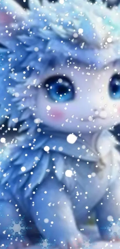 Adorable blue creature in snowfall on wallpaper.