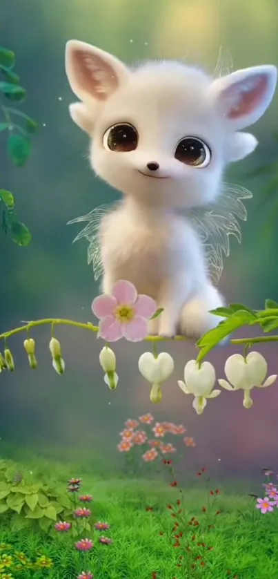 Cute fluffy creature in magical garden setting wallpaper.