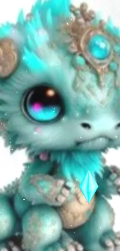 Cute fantasy creature with turquoise hues and magical accents on wallpaper.