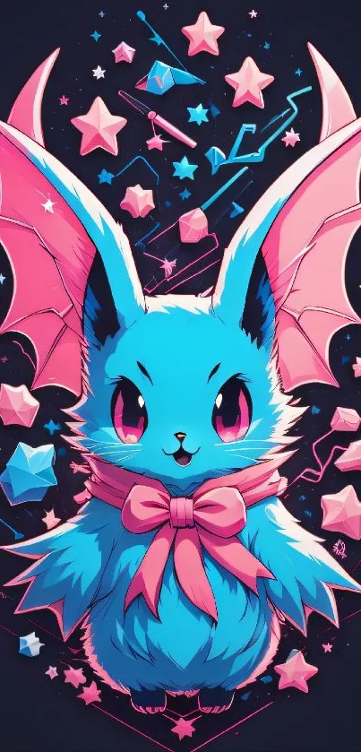 Cute blue fantasy creature with pink wings.