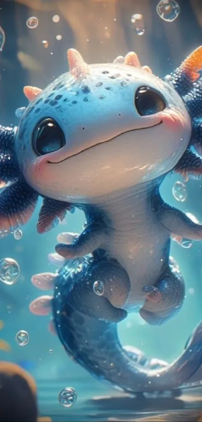 Charming cartoon axolotl in a magical underwater scene.