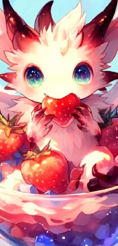 Cute fantasy creature with strawberries in a glass bowl.