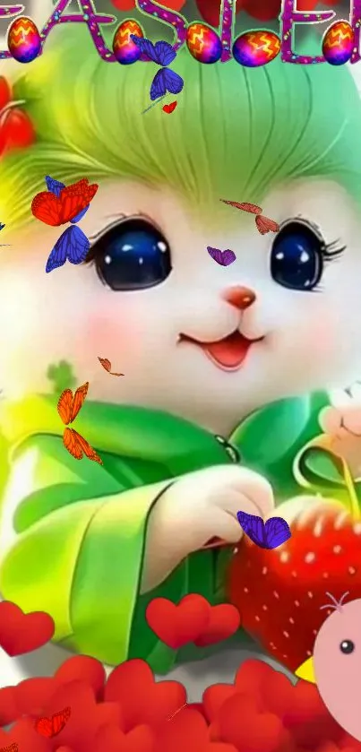 Cute fantasy creature holding a strawberry in vibrant colors.