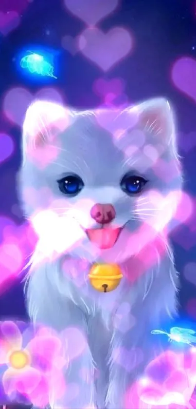 Cute fantasy dog with glowing flowers in a mystical night setting.