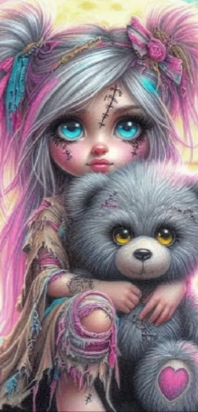 Cute doll with teddy bear in vibrant fantasy art.