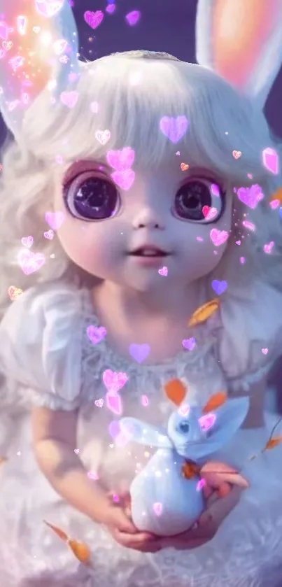 Adorable fantasy doll with hearts and pastel hues.