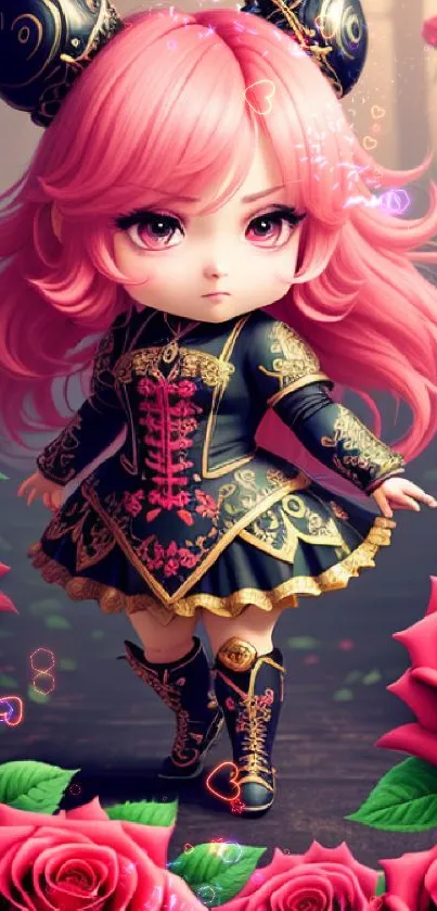 Cute pink-haired doll in gothic dress with red roses wallpaper.