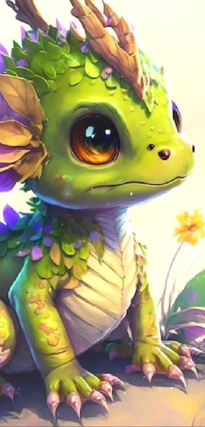 Cute fantasy dragon with vibrant colors and floral elements.