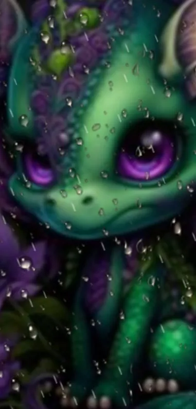 Cute teal dragon with purple eyes and raindrops on mobile wallpaper.