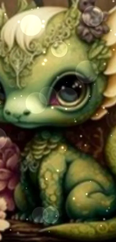 Cute whimsical green dragon with floral accents in a fantasy style.