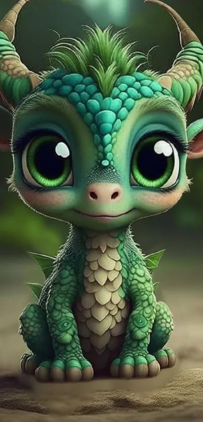 Adorable cartoon dragon with vibrant green scales and cute features.