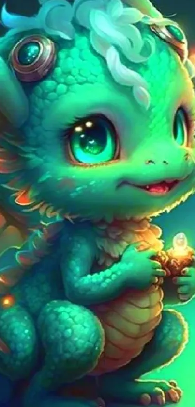 A cute and glowing teal dragon with big eyes and wings in a fantasy setting.