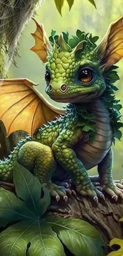 Cute green dragon in a lush forest setting.