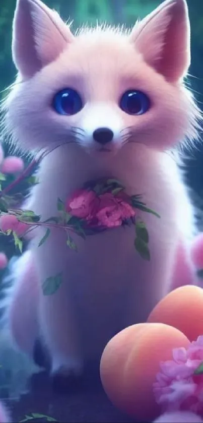 Charming fantasy fox with pink flowers and lush scenery, perfect for mobile wallpaper.