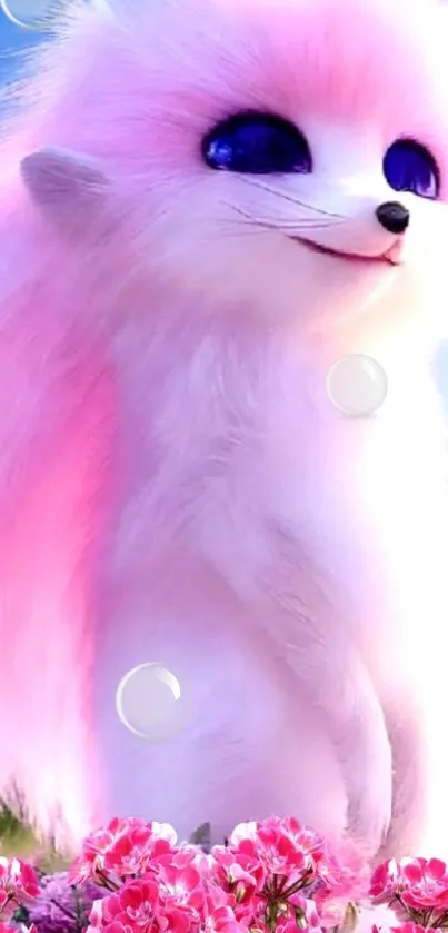 Adorable pink and white fantasy fox with blue eyes in a floral setting.