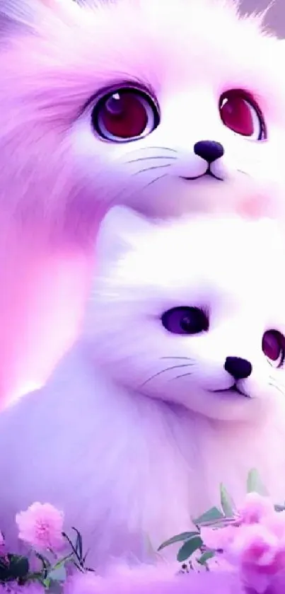 Adorable white foxes with pink flowers in a fantasy-themed mobile wallpaper.