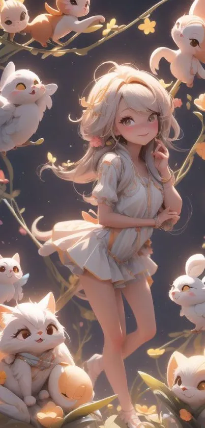 Anime girl with fantasy creatures in a whimsical setting.