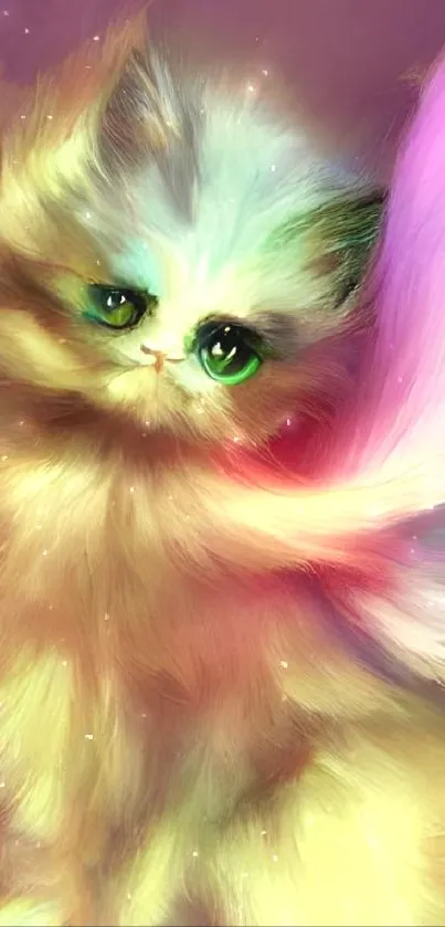 Fantasy kitten with colorful tail and vibrant eyes in digital art wallpaper.