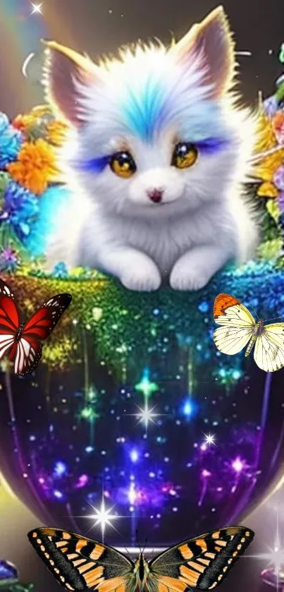 Fantasy kitten in colorful cup with butterflies and flowers.