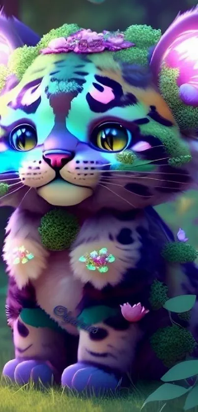 A cute, glowing fantasy jungle cat with floral decorations.