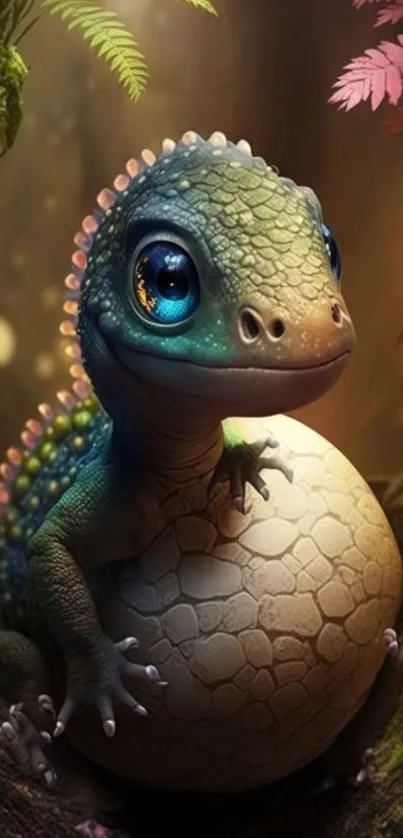 Cute fantasy lizard holding an egg with vibrant leaves background.