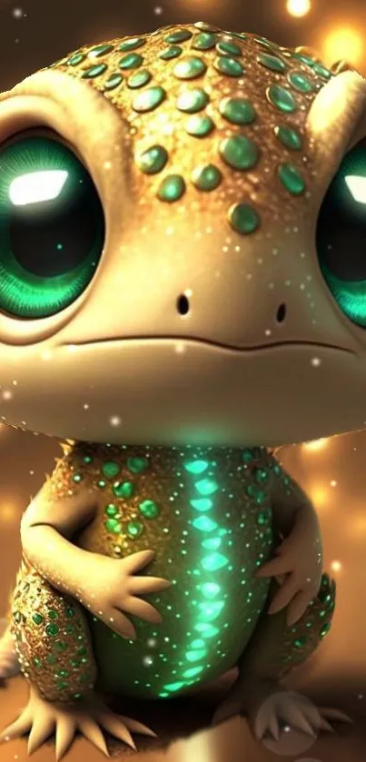 Cute fantasy lizard with green eyes and golden scales, perfect for phone wallpaper.