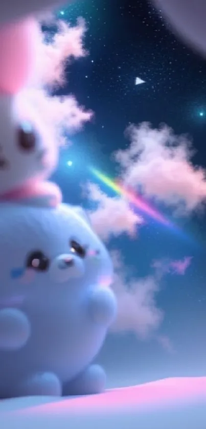 Cute creatures in a dreamy night sky with pastel rainbow.