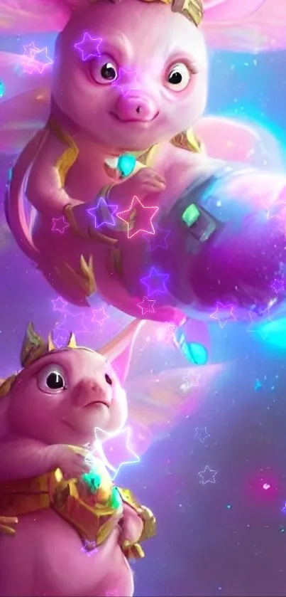 Enchanting pink pigs fly in a fantasy world.