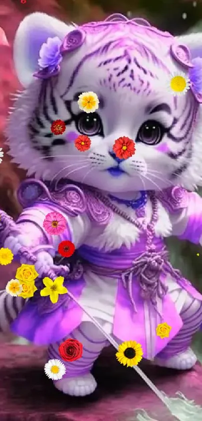 Cute fantasy tiger warrior in vibrant purple attire.