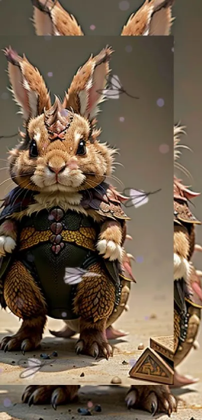 Charming fantasy rabbit warrior in armor with light brown hue.