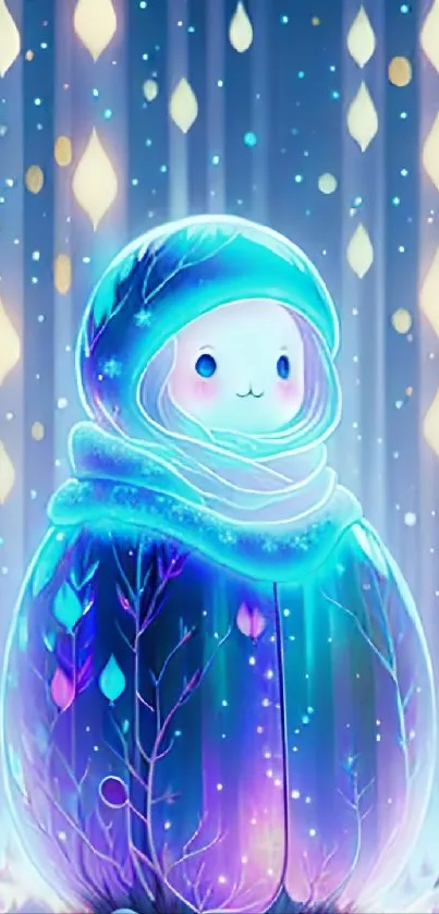 Illustrated cute winter creature with glowing blue hues.