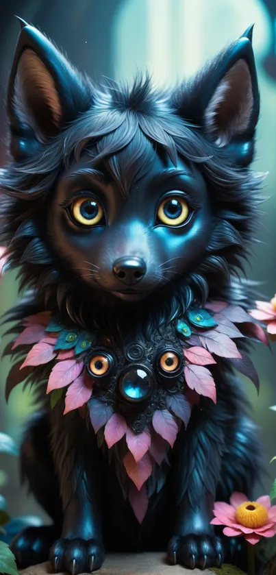 Adorable mystical wolf with colorful feather decor.