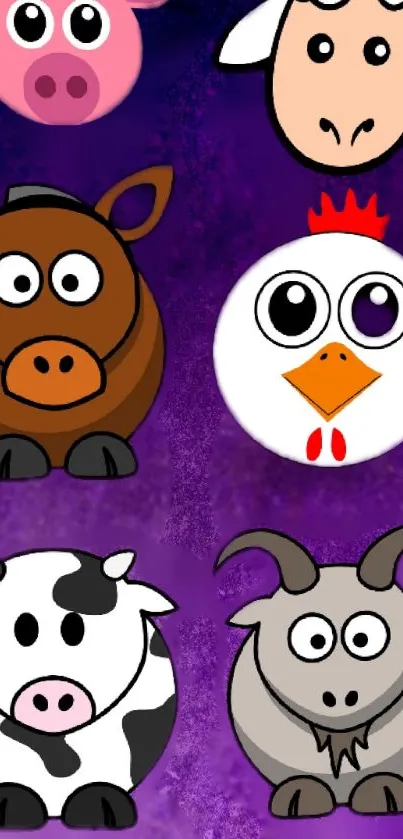 Cartoon farm animals on purple background wallpaper.