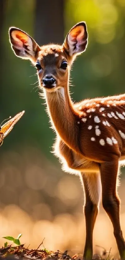 A cute fawn with butterfly in forest setting.