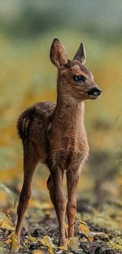 A young fawn stands in a lush forest setting, surrounded by green foliage.