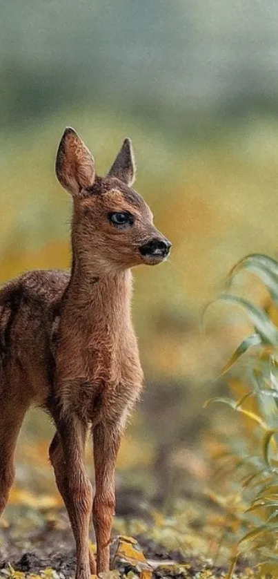 Young fawn standing in a lush green forest clearing.