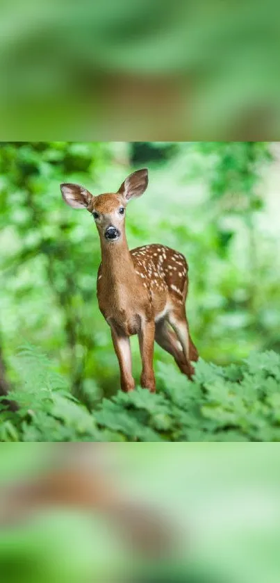 A cute fawn standing in a vibrant, lush green forest.