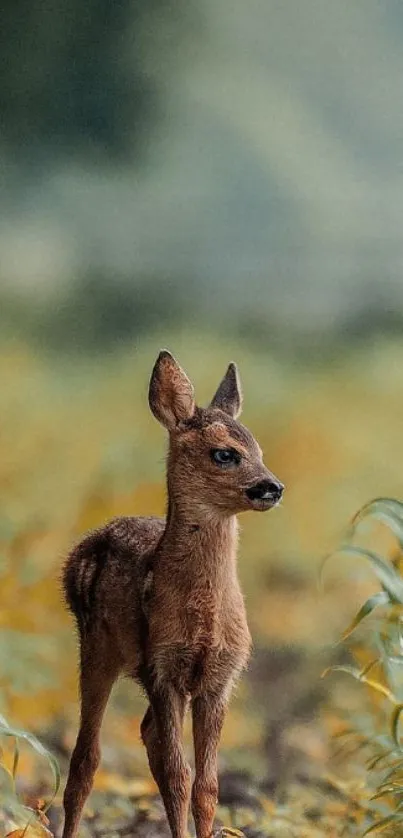 Adorable fawn standing in a lush green meadow.