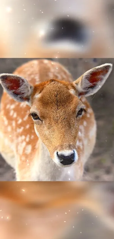 Adorable fawn close-up mobile wallpaper with brown fur and white spots.