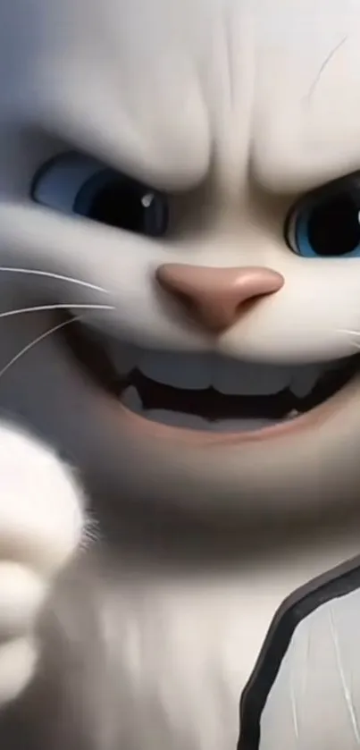 Animated white cat with blue eyes and a playful expression.