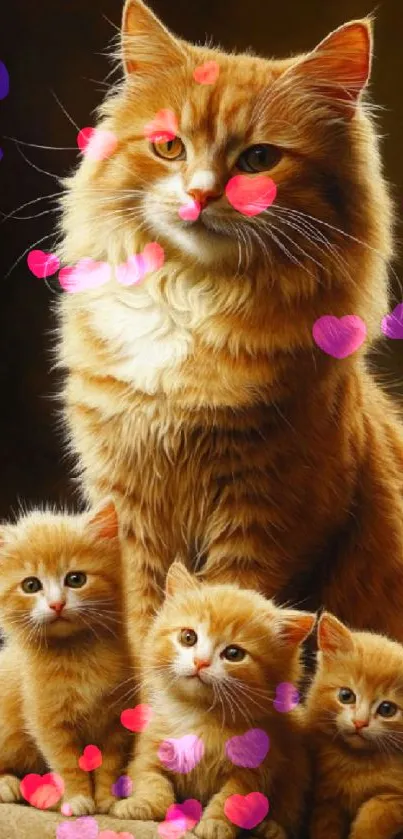 Ginger cats with heart decorations in background.