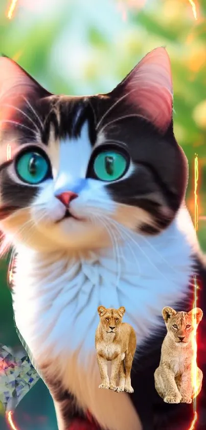 Cute cat with green eyes and lion cubs in a colorful fantasy setting.