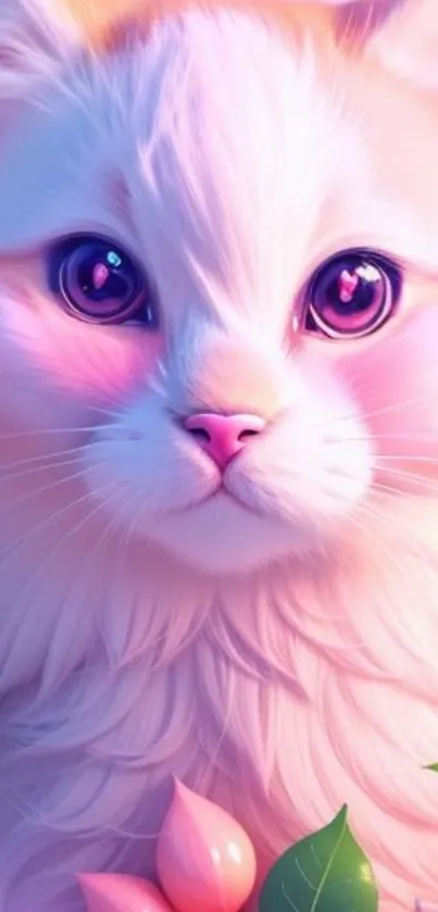 Adorable pink-eyed kitten with pastel flowers and soft pink hues.