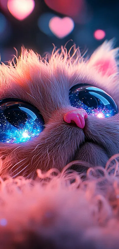 Cute kitten with galaxy-reflecting eyes and fluffy pink fur.