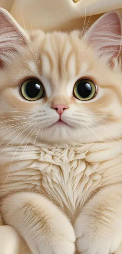 Adorable fluffy cat with big eyes on wallpaper.